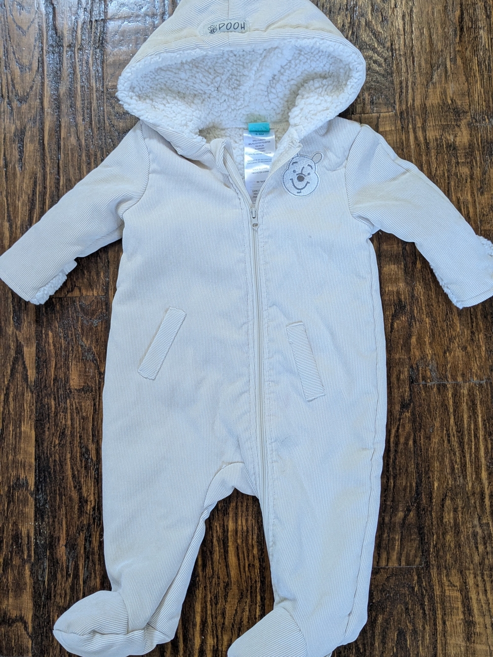 6-9 M Cozy Cream Hooded One-Piece with Winnie The Pooh Accent